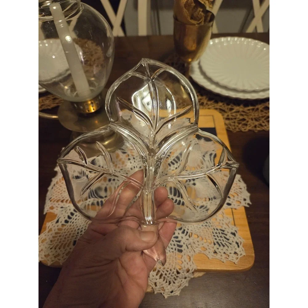 vintage pressed glass 3-section leaf-shaped serving dish possible hazel atlas